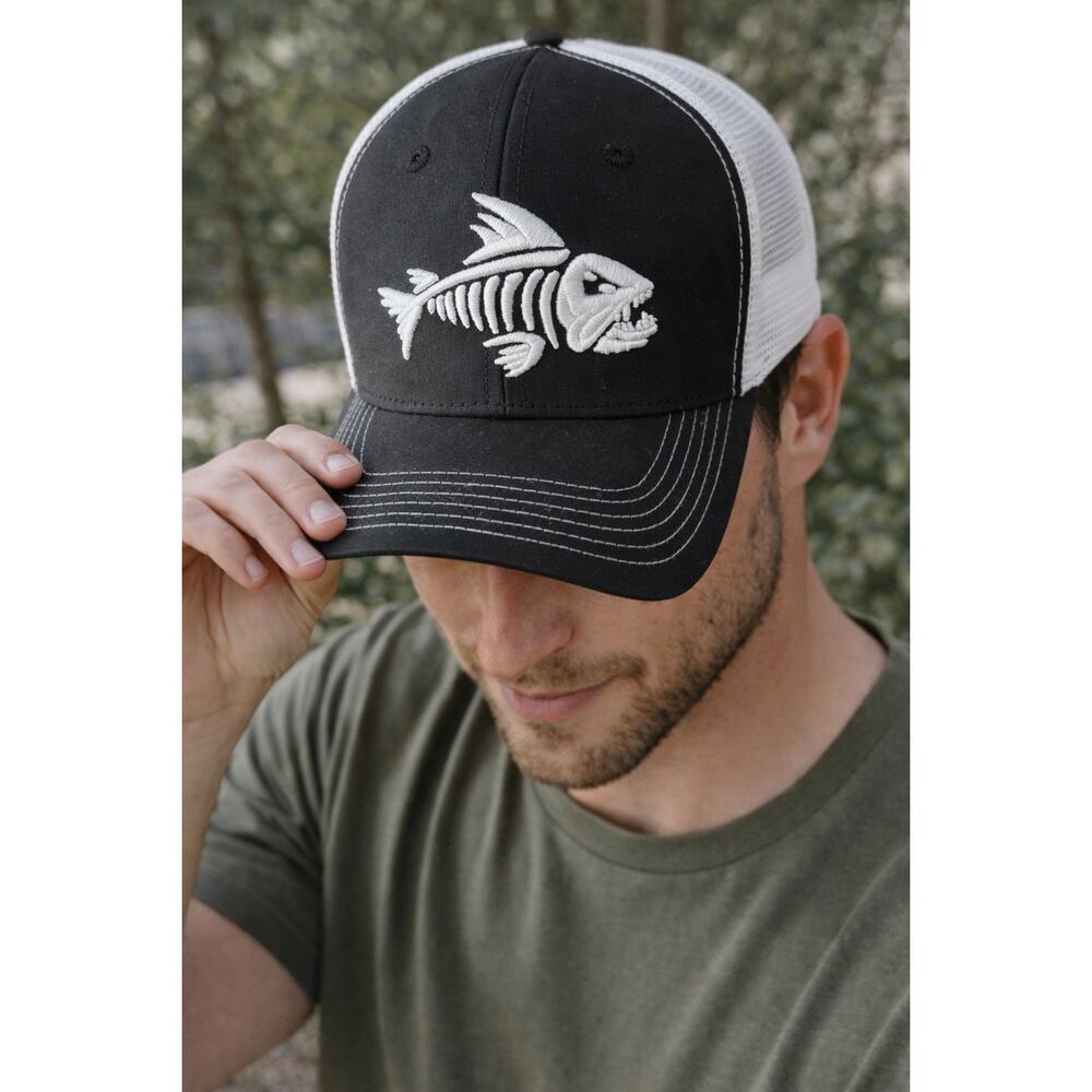 Fish Skeleton Trucker Hat Black White Mesh Snapback Fishing Cap Unisex
